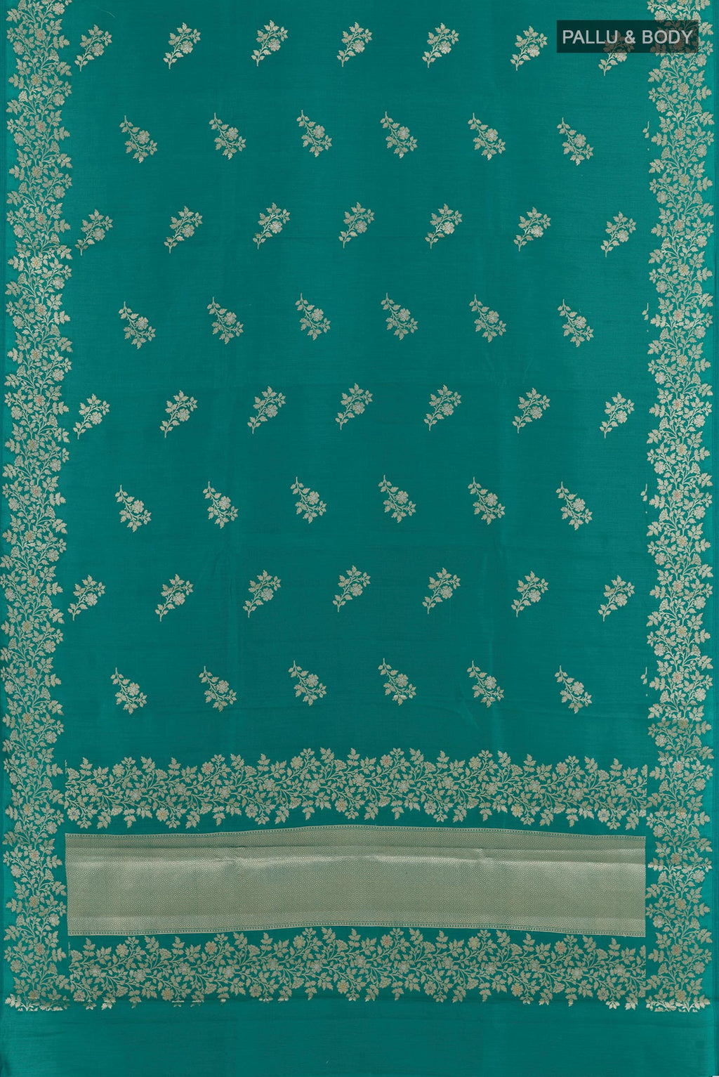 Flat view of Sea Green Tussar Silk Saree with Zari Butta on the body and Zari Border. 
