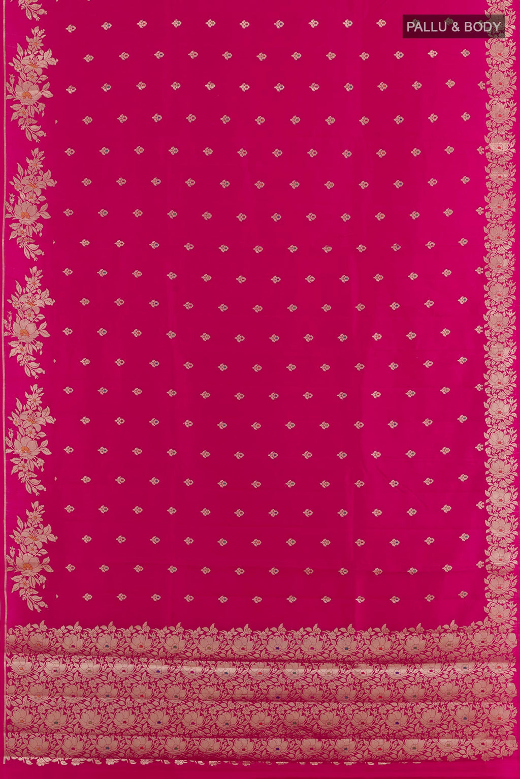 Flat view of Pink Tussar Silk Saree with Zari Butta on the body and Zari Border. 