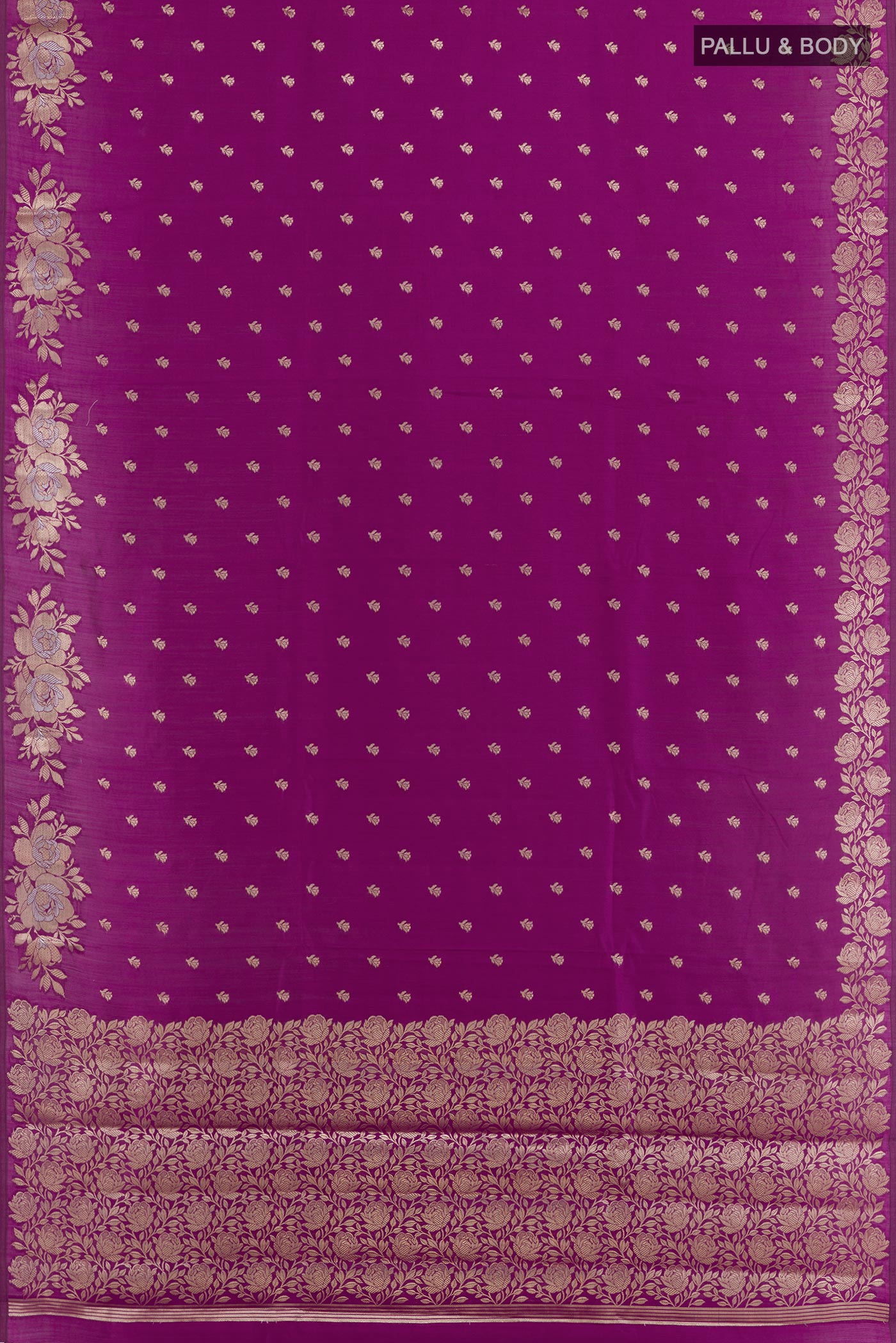 Flat view of Purple Tussar Silk Saree with Zari Butta on the body and Zari Border. 