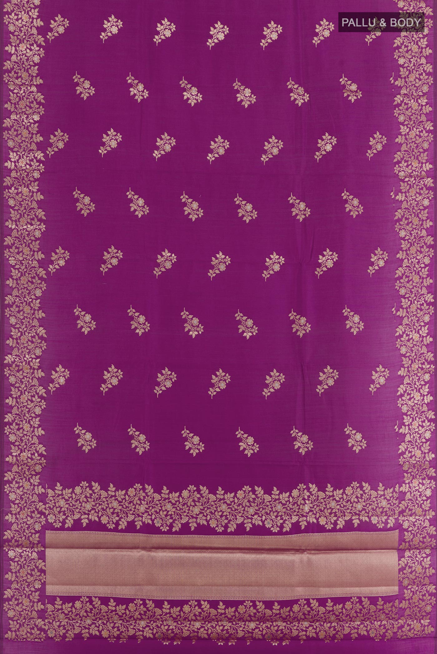 Flat view of Purple Tussar Silk Saree with Zari Butta on the body and Zari Border. 