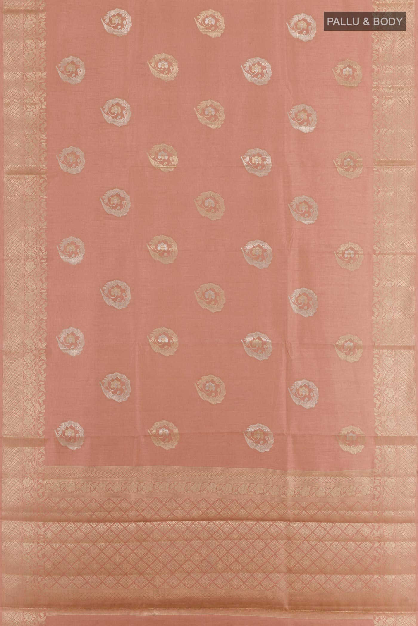 Flat view of Imperial Pink Tussar Silk Saree with Zari Butta on the body and Zari Border. 