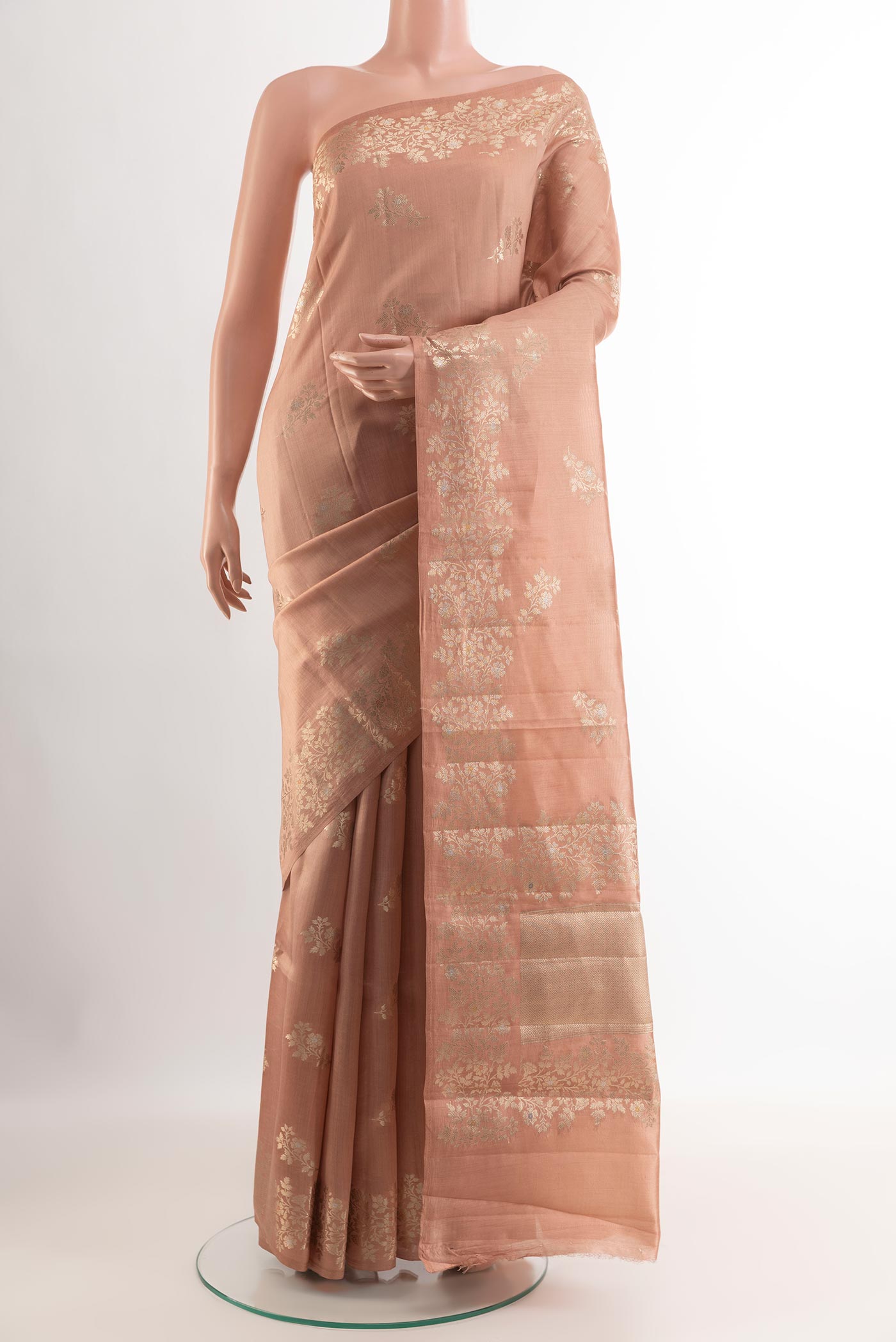 Imperial Pink Tussar Silk Saree with Zari Butta on the body and Zari Border.  displayed on a mannequin