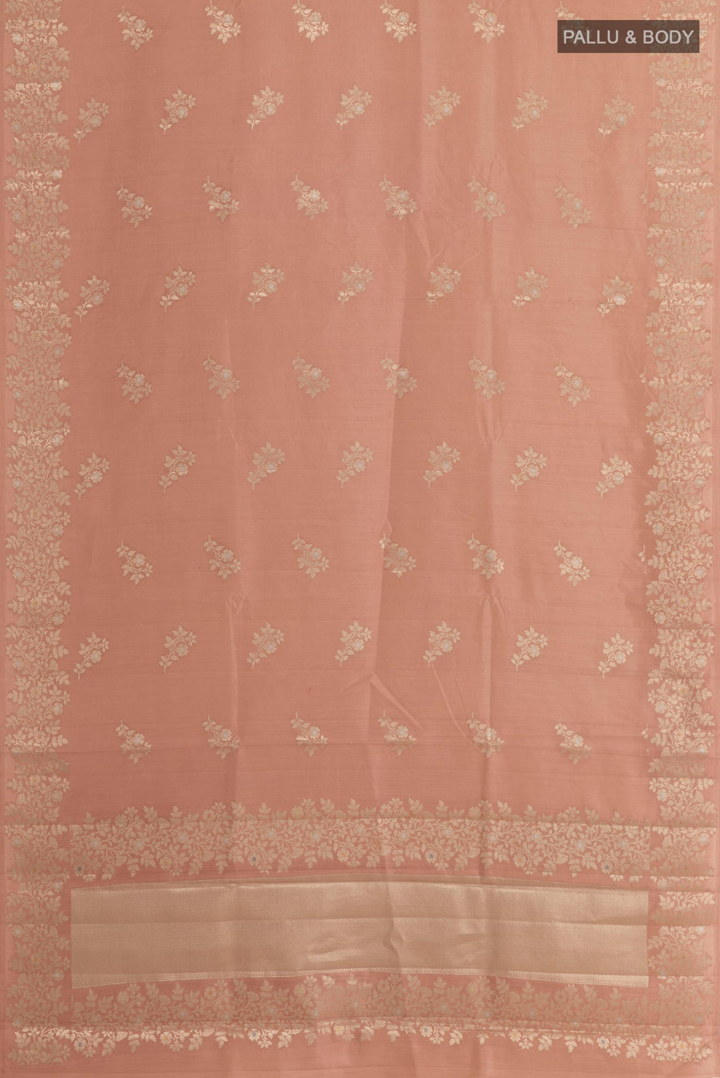 Flat view of Imperial Pink Tussar Silk Saree with Zari Butta on the body and Zari Border. 