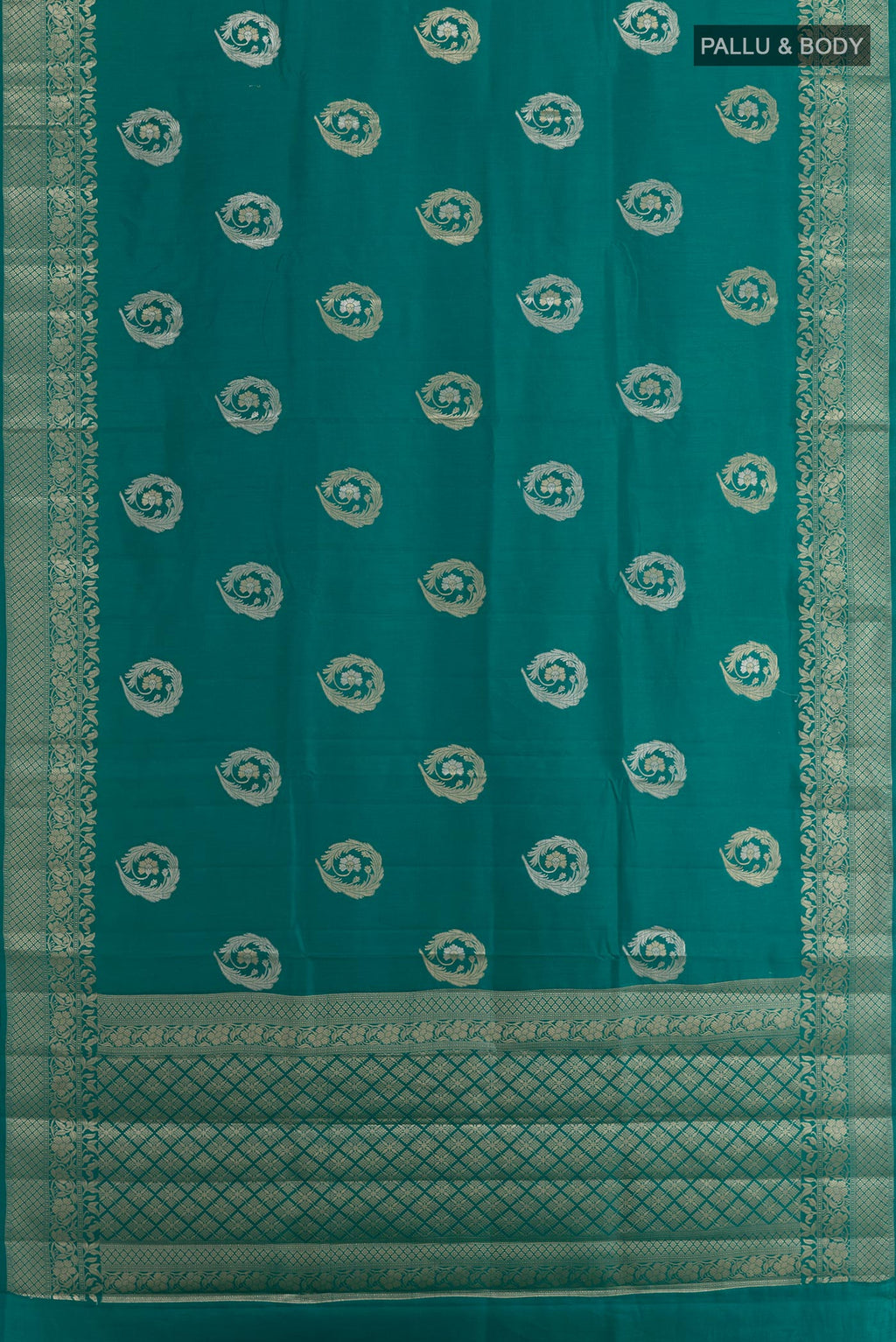 Flat view of Sea Green Tussar Silk Saree with Zari Butta on the body and Zari Border. 
