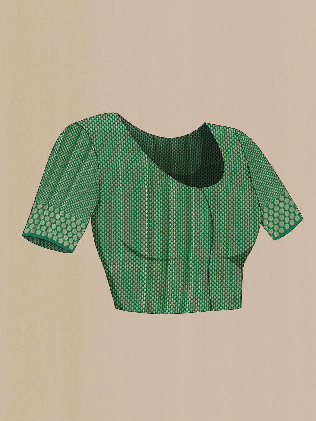 Close up image of the blouse of Green Tussar Silk Saree with Zari Butta on the body and Zari Border. 