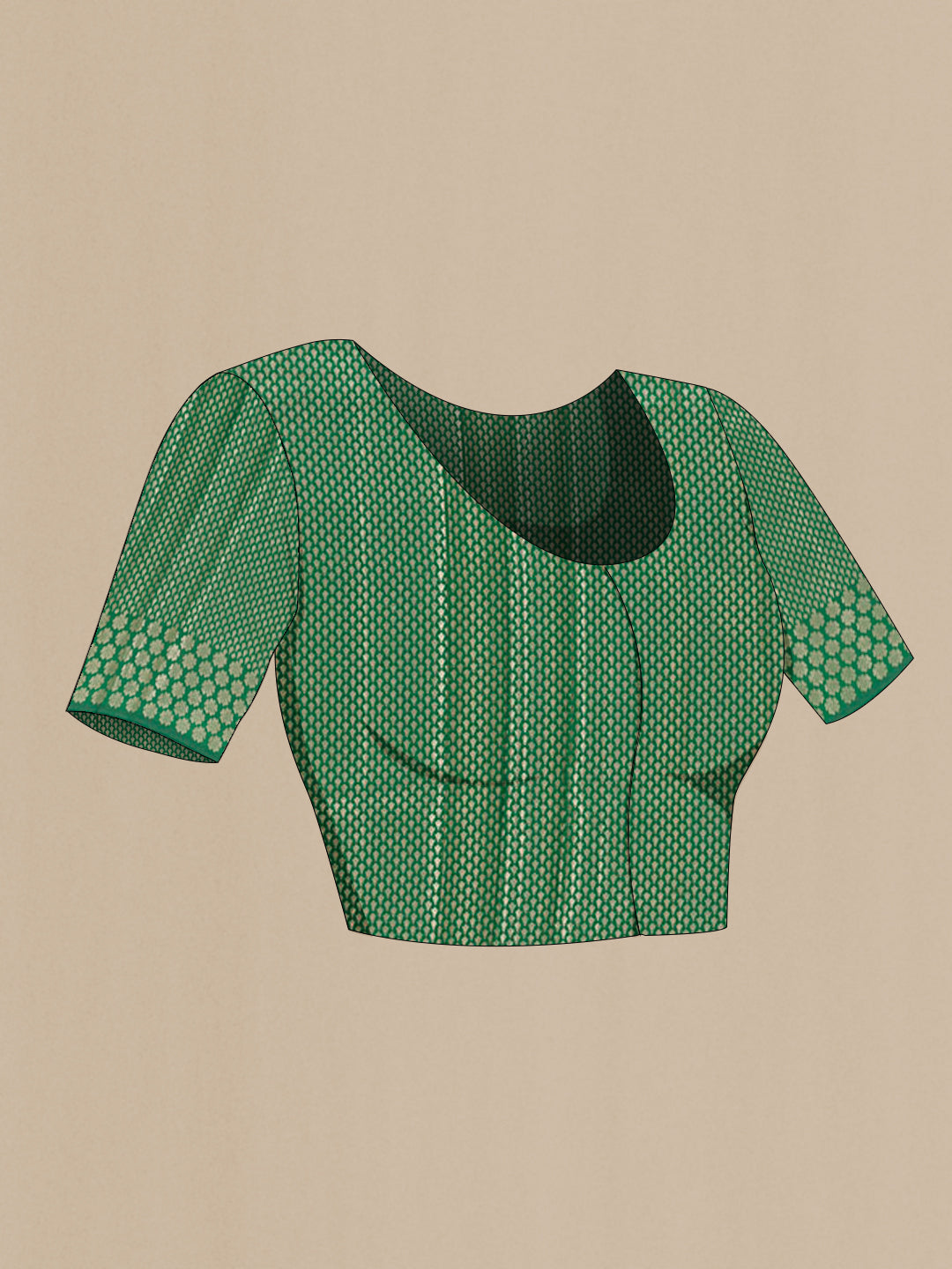 Close up image of the blouse of Green Tussar Silk Saree with Zari Butta on the body and Zari Border. 