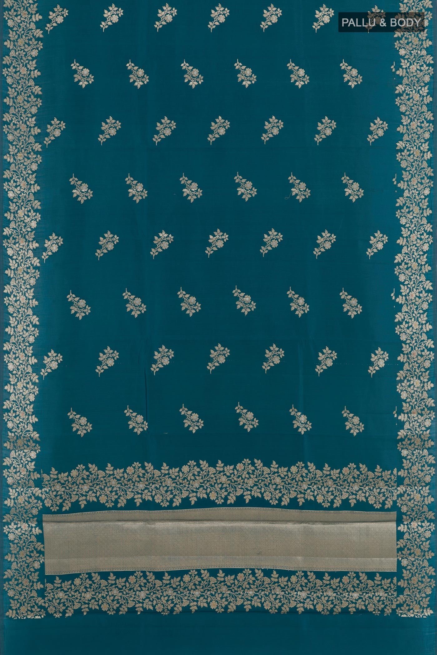 Flat view of Royal Blue Tussar Silk Saree with Zari Butta on the body and Zari Border. 