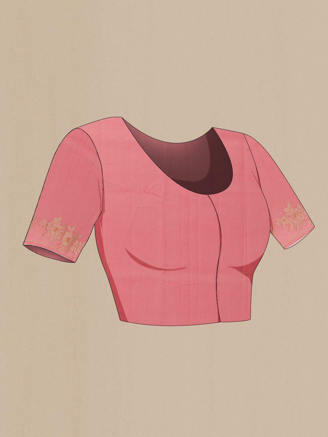 Close up image of the blouse of Pink Tussar Silk Saree with Zari Butta on the body and Zari Border. 