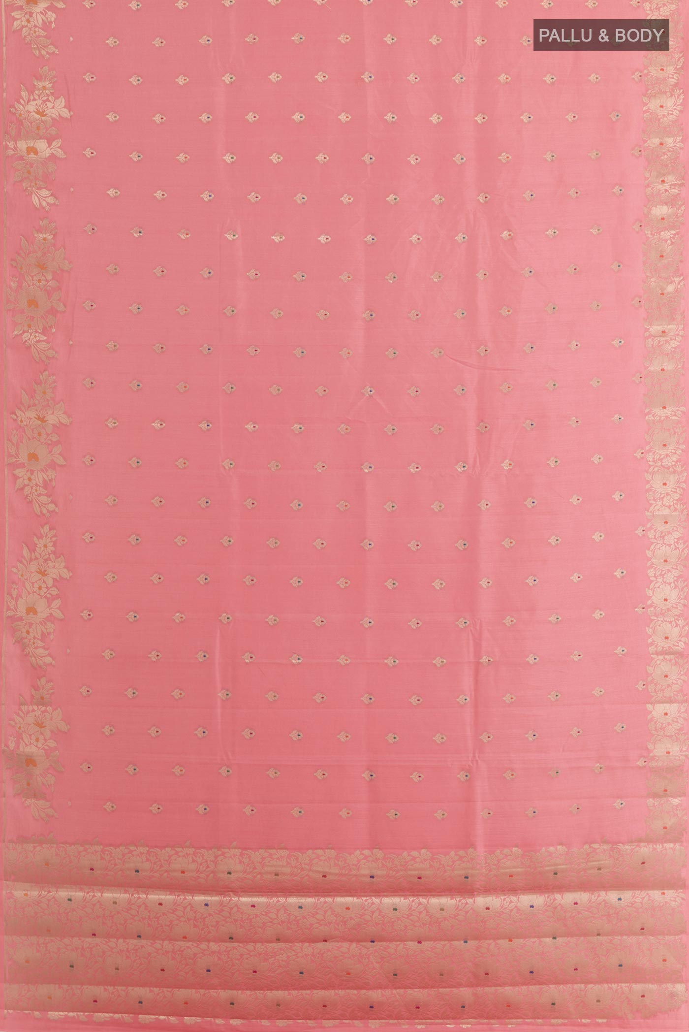 Flat view of Pink Tussar Silk Saree with Zari Butta on the body and Zari Border. 
