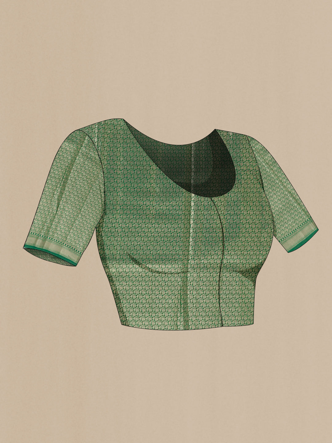 Close up image of the blouse of Green Tussar Silk Saree with Zari Butta on the body and Zari Border. 