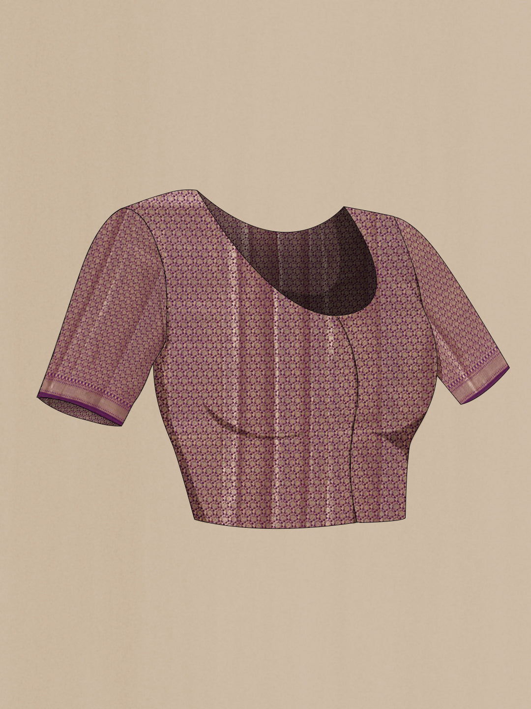 Close up image of the blouse of Purple Tussar Silk Saree with Zari Butta on the body and Zari Border. 