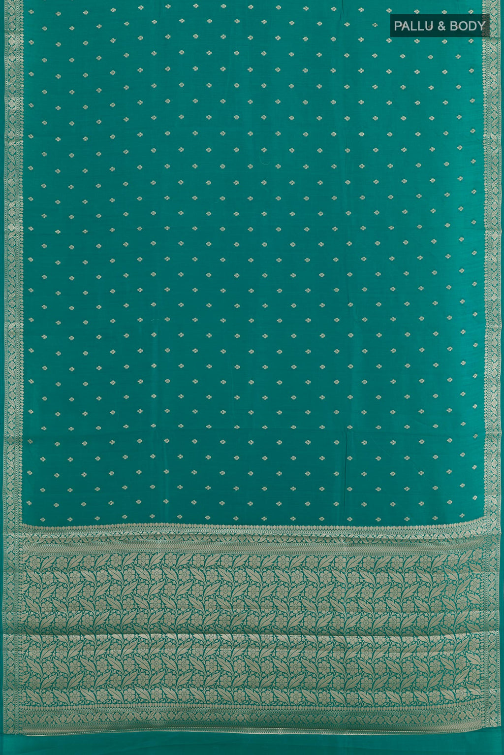 Flat view of Sea Green Tussar Silk Saree with Zari Butta on the body and Zari Border. 