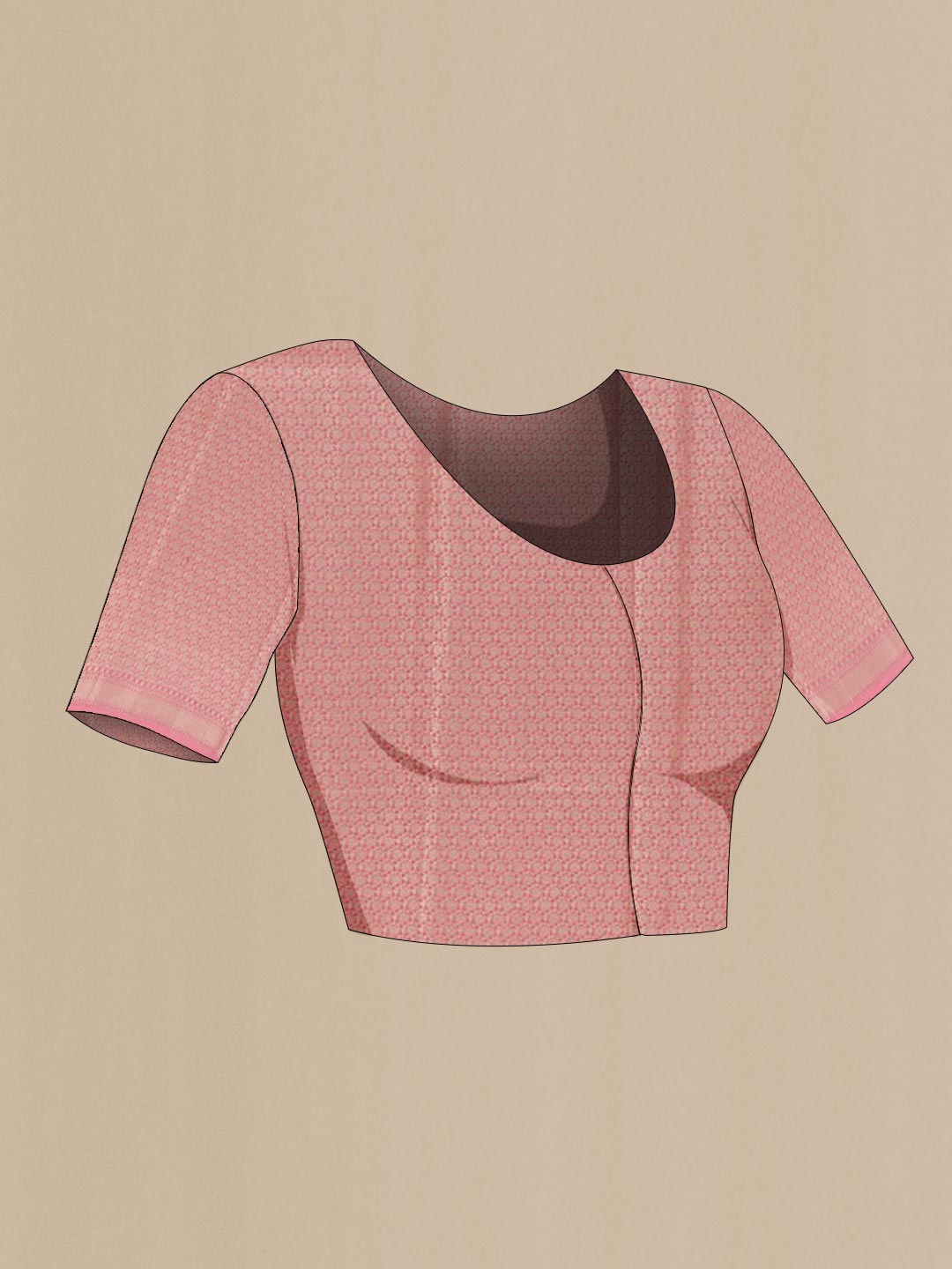 Close up image of the blouse of Pink Tussar Silk Saree with Zari Butta on the body and Zari Border. 