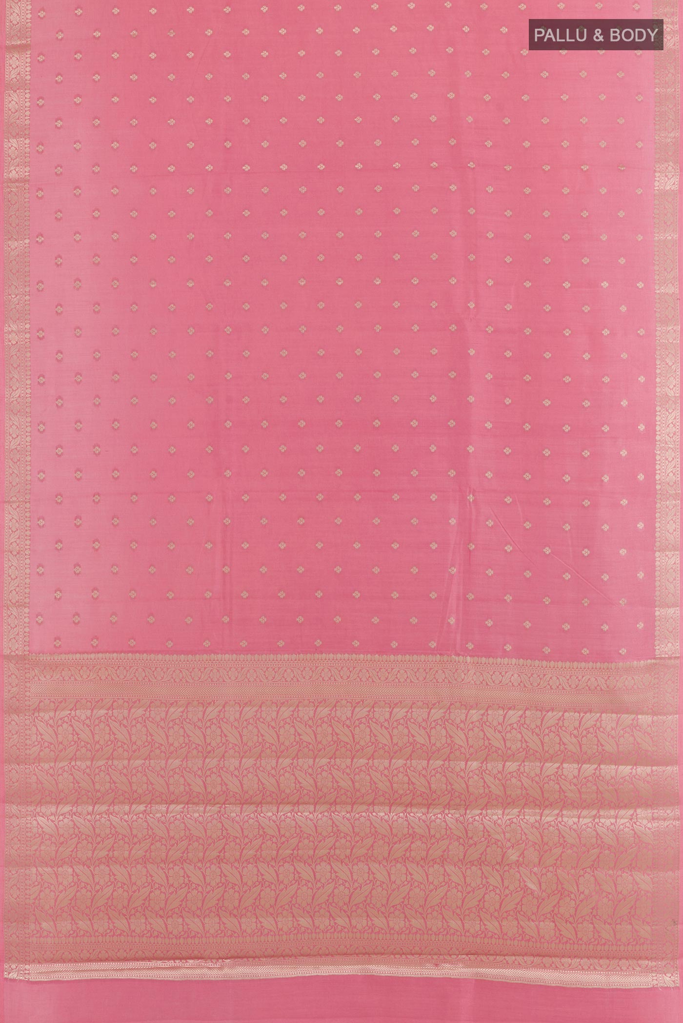 Flat view of Pink Tussar Silk Saree with Zari Butta on the body and Zari Border. 