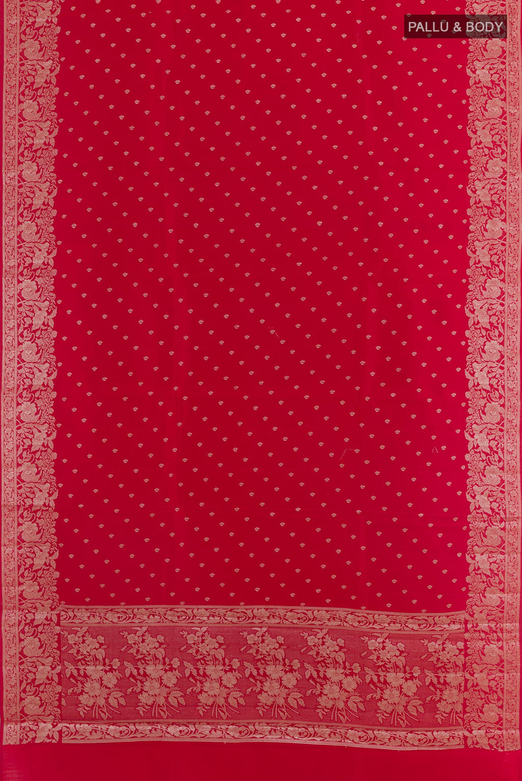 Flat view of Red Tussar Silk Saree with Zari Butta on the body and Zari Border. 