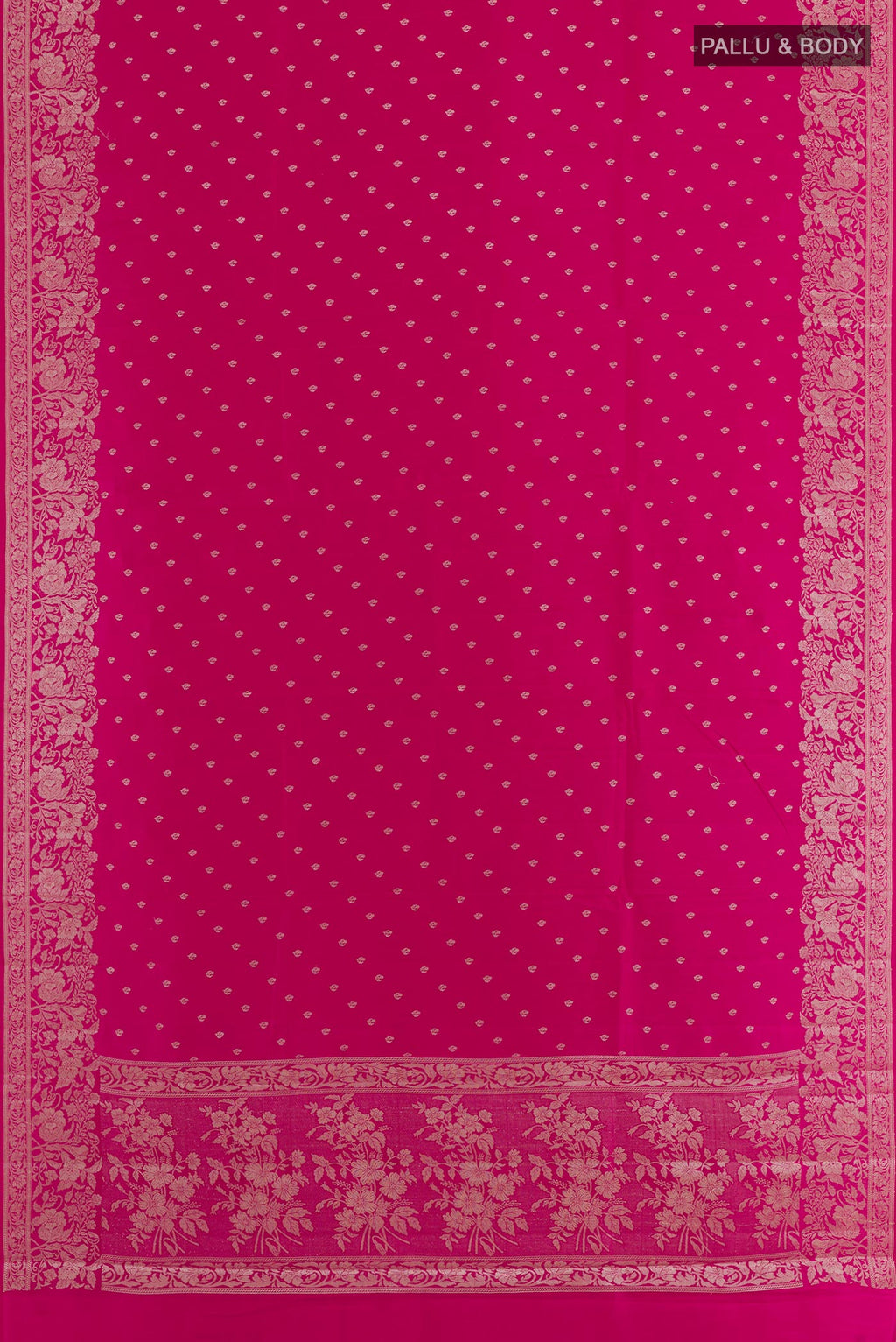 Flat view of Pink Tussar Silk Saree with Zari Butta on the body and Zari Border. 