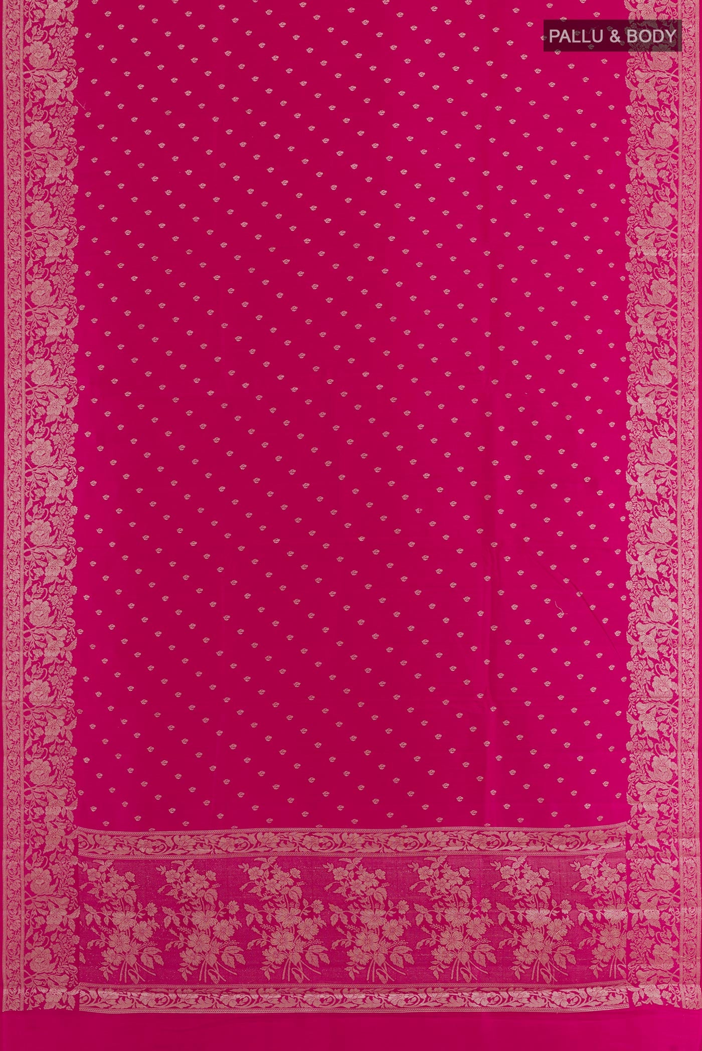 Flat view of Pink Tussar Silk Saree with Zari Butta on the body and Zari Border. 