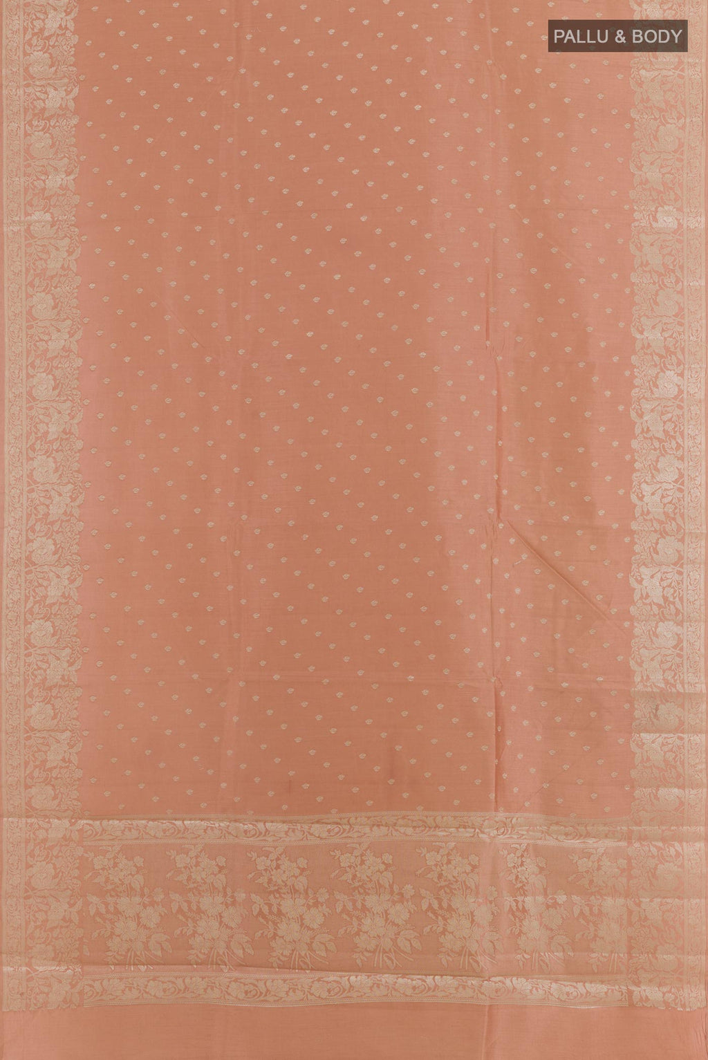 Flat view of Imperial Pink Tussar Silk Saree with Zari Butta on the body and Zari Border. 