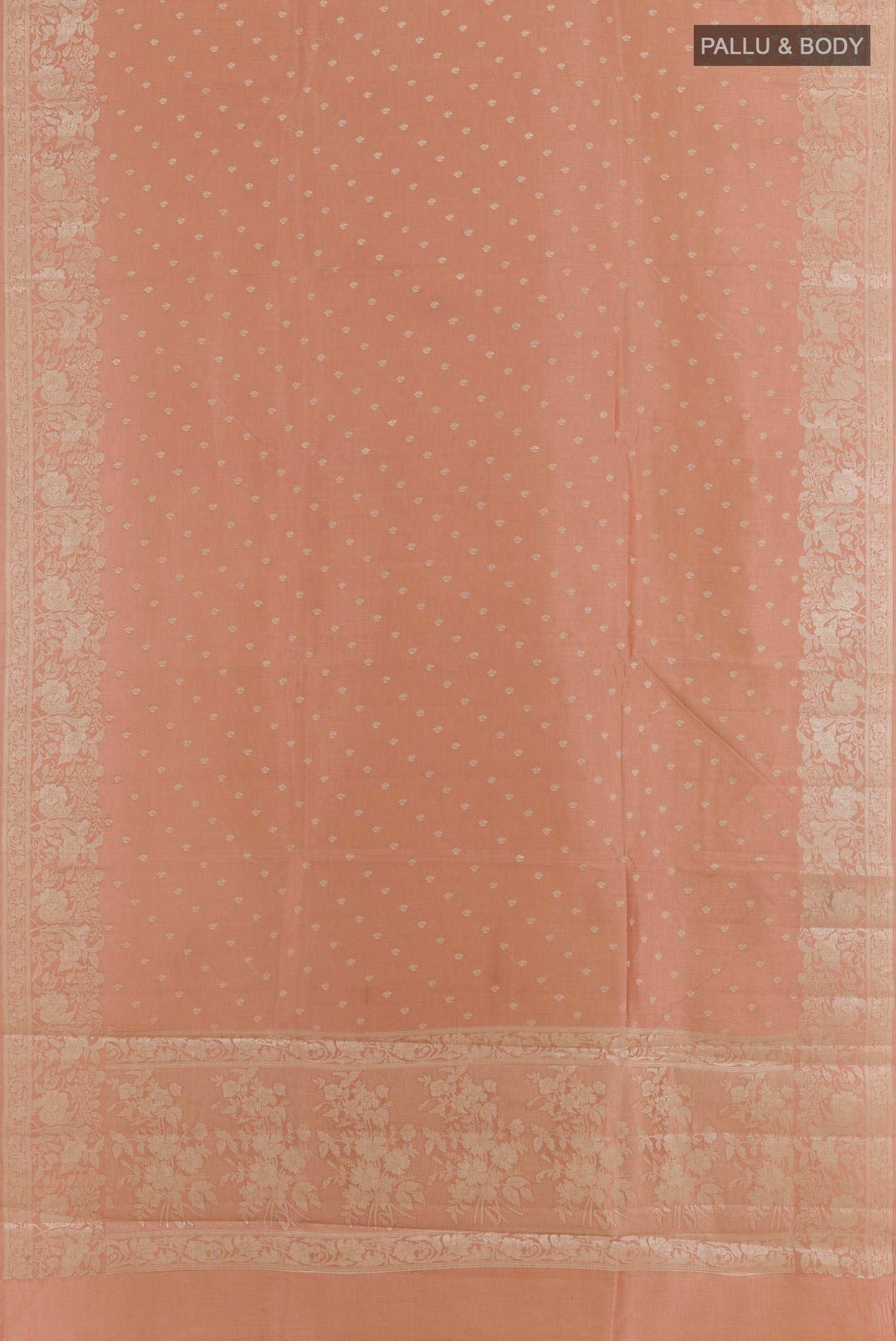 Flat view of Imperial Pink Tussar Silk Saree with Zari Butta on the body and Zari Border. 