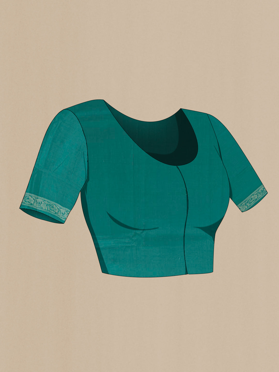 Close up image of the blouse of Sea Green Tussar Silk Saree with Zari Butta on the body and Zari Border. 