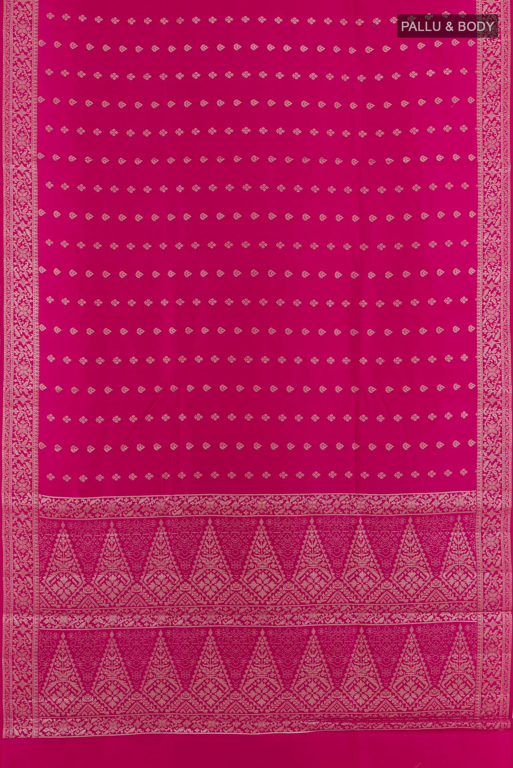 Flat view of Pink Tussar Silk Saree with Zari Butta on the body and Zari Border. 