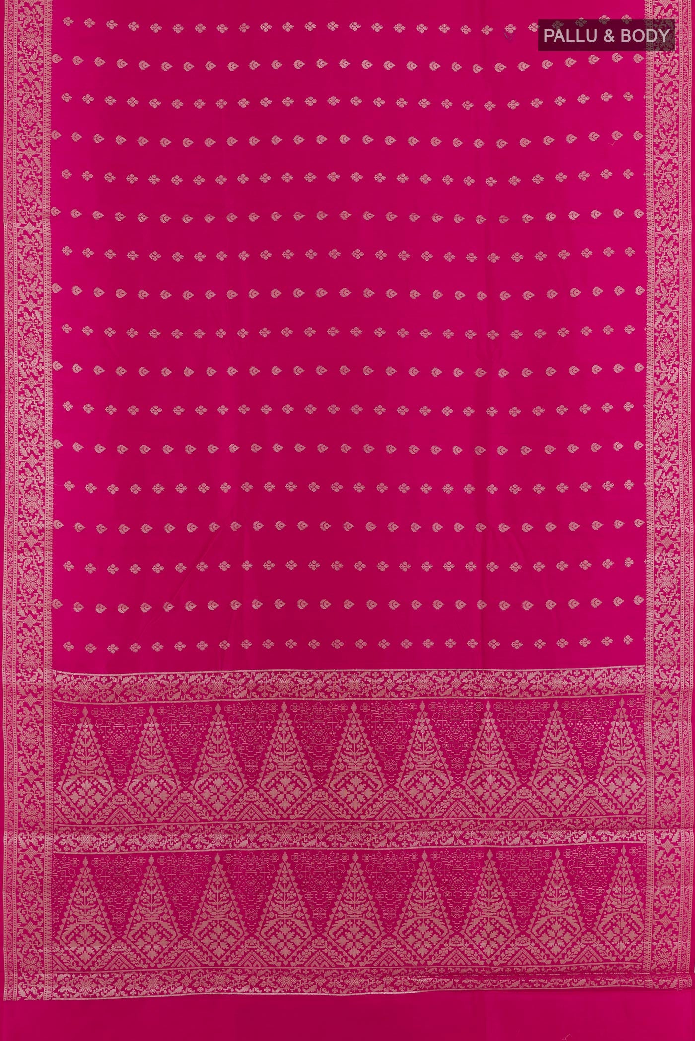 Flat view of Pink Tussar Silk Saree with Zari Butta on the body and Zari Border. 