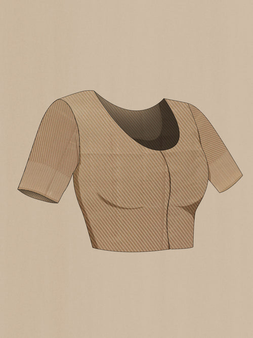 Close up image of the blouse of Beige Tussar Silk Saree with Zari Butta on the body and Zari Border. 