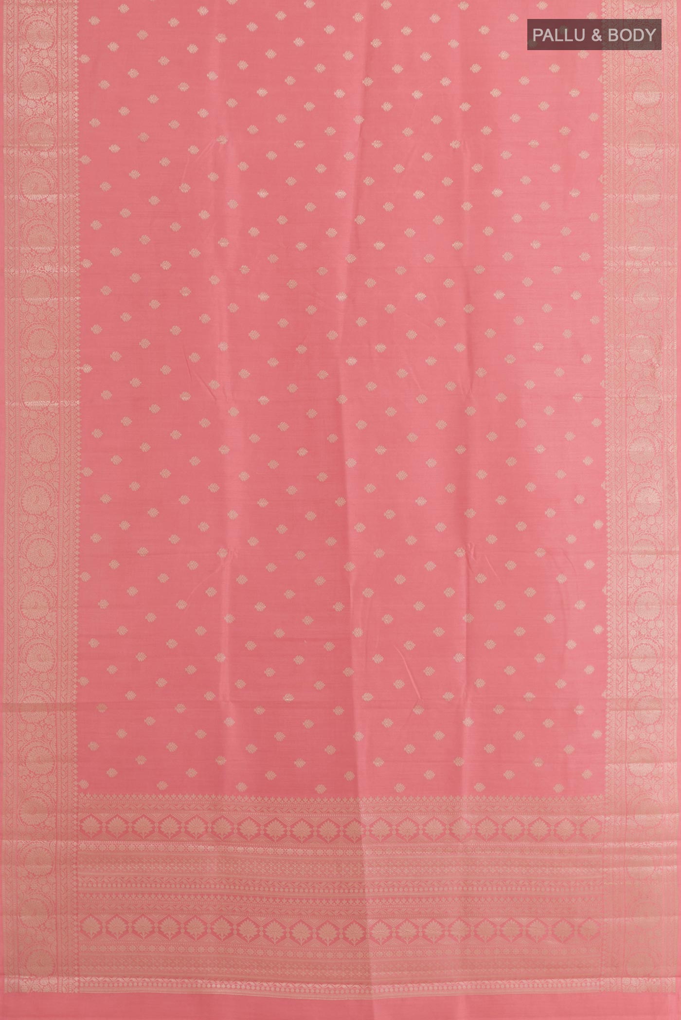 Flat view of Pink Tussar Silk Saree with Zari Butta on the body and Zari Border. 