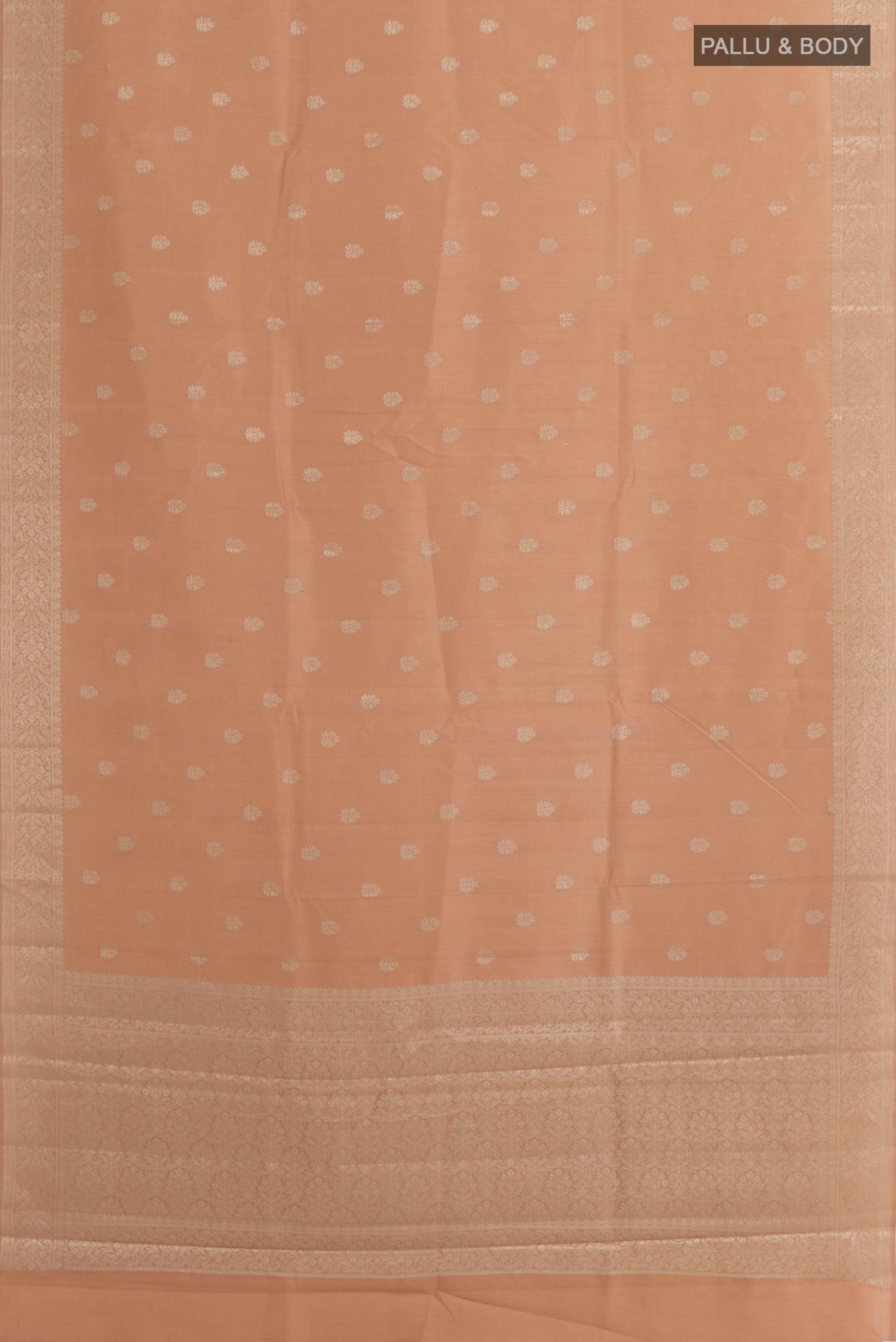Flat view of Imperial Pink Tussar Silk Saree with Zari Butta on the body and Zari Border. 