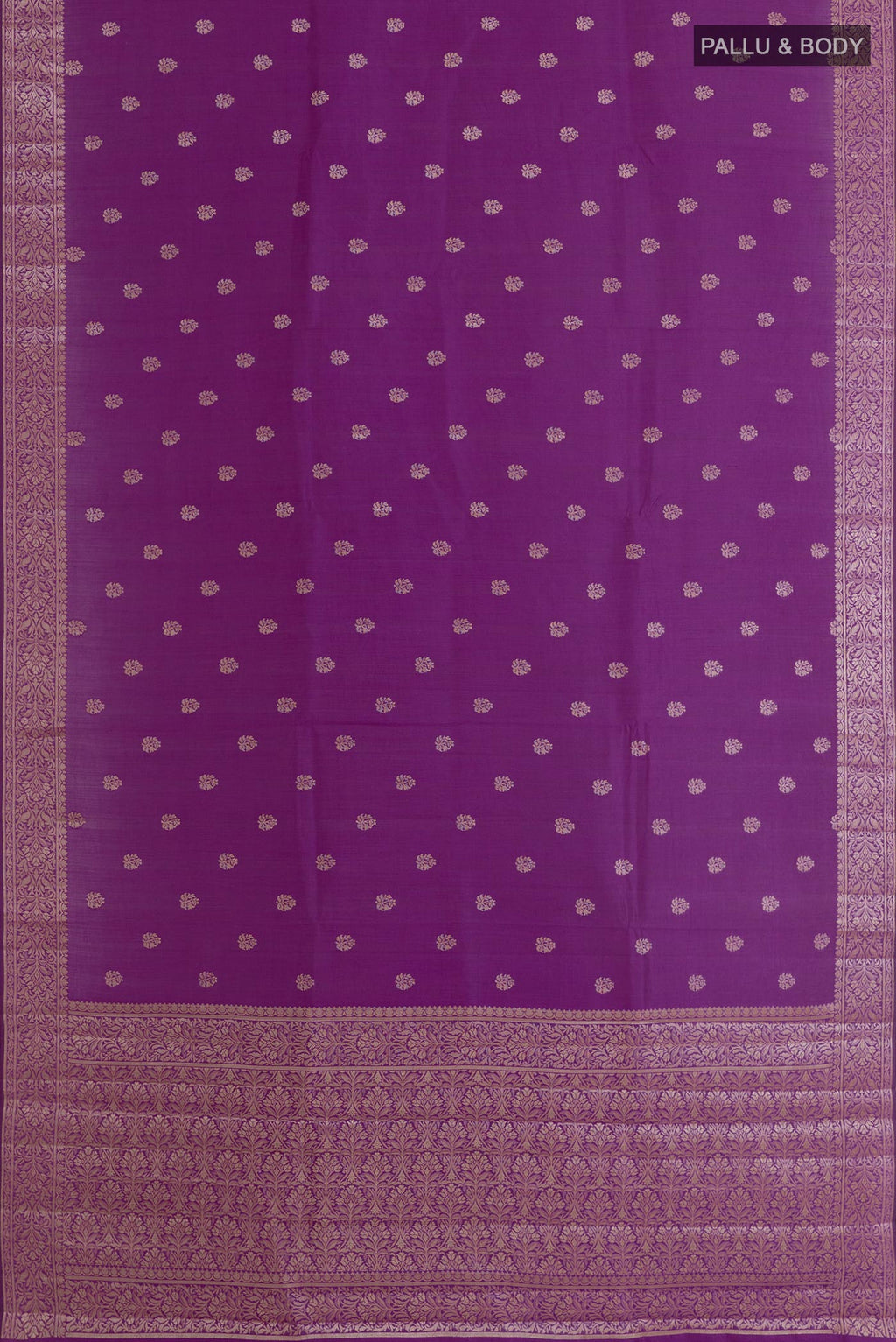 Flat view of Purple Tussar Silk Saree with Zari Butta on the body and Zari Border. 