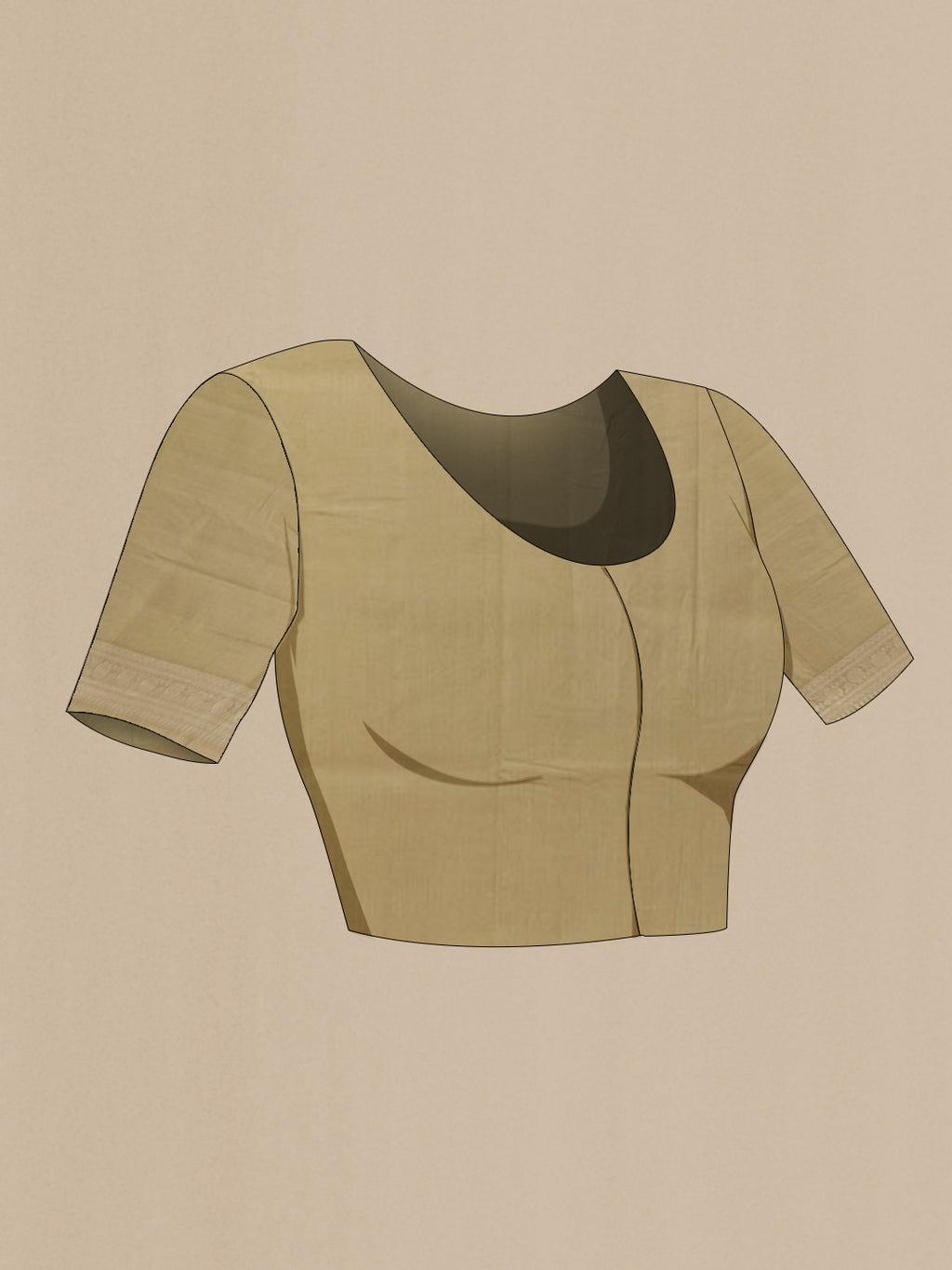 Close up image of the blouse of Beige Tussar Silk Saree with Zari Butta on the body and Zari Border. 