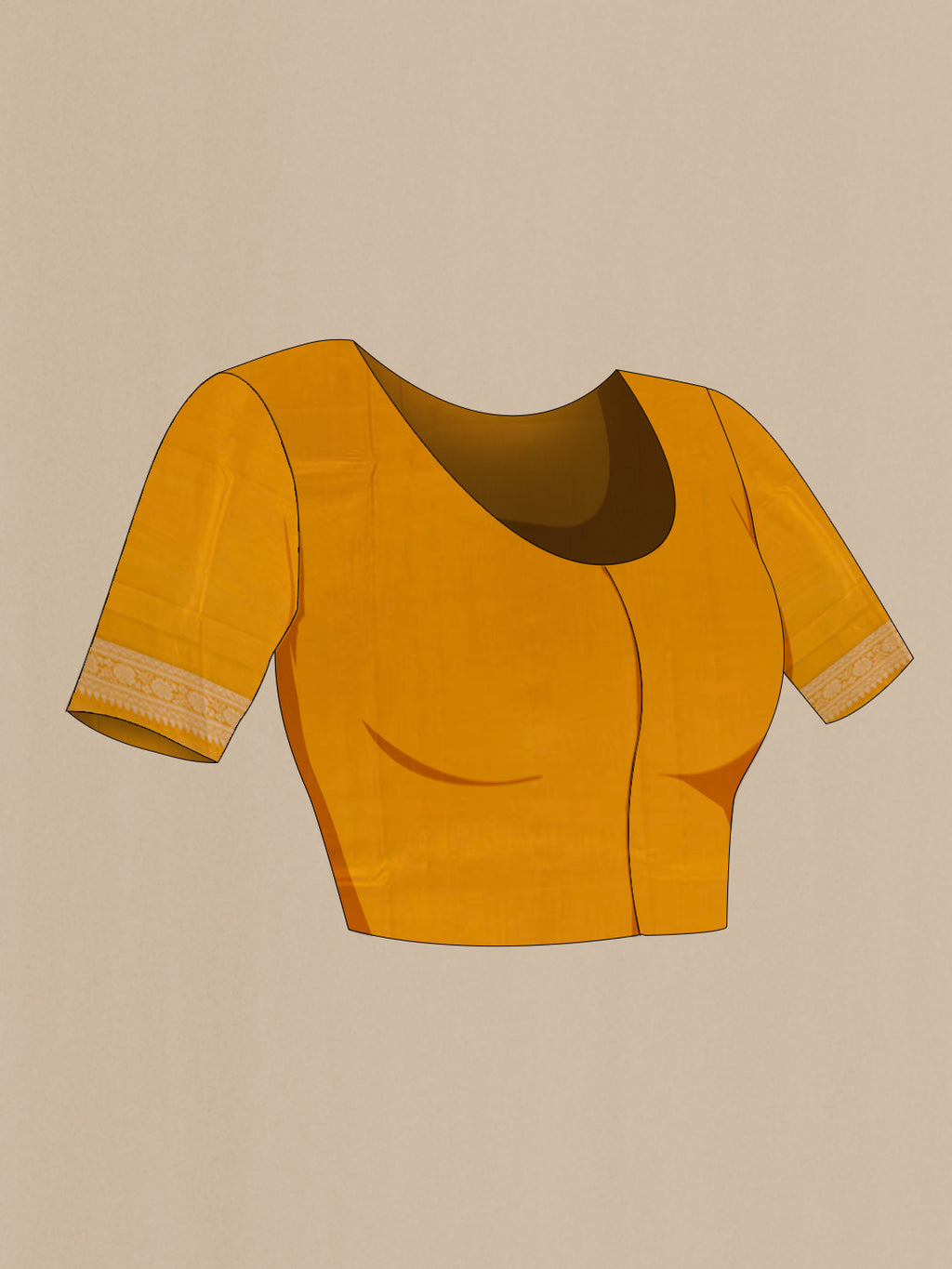 Close up image of the blouse of Yellow Tussar Silk Saree with Zari Butta on the body and Zari Border. 