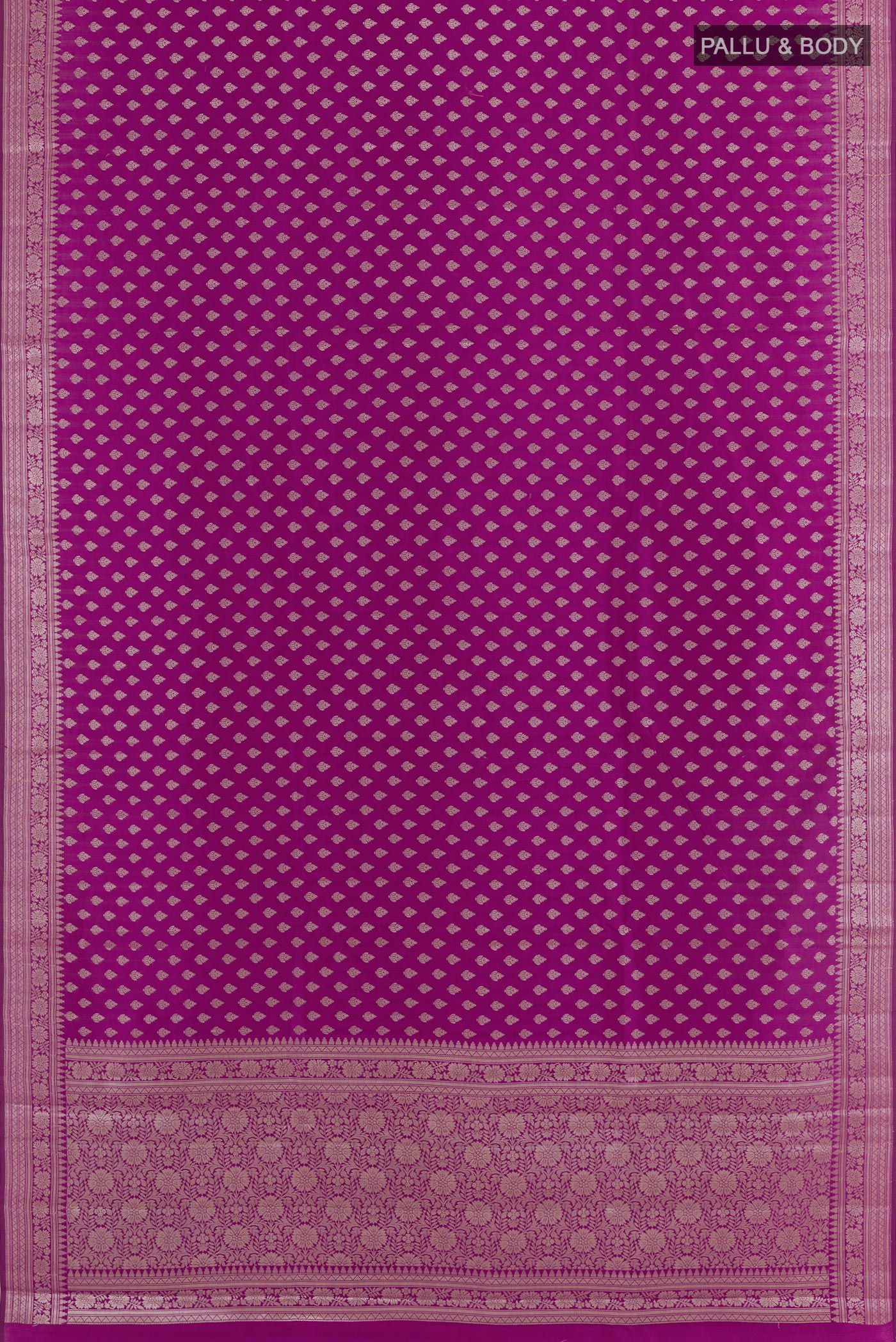 Flat view of Purple Tussar Silk Saree with Zari Butta on the body and Zari Border. 