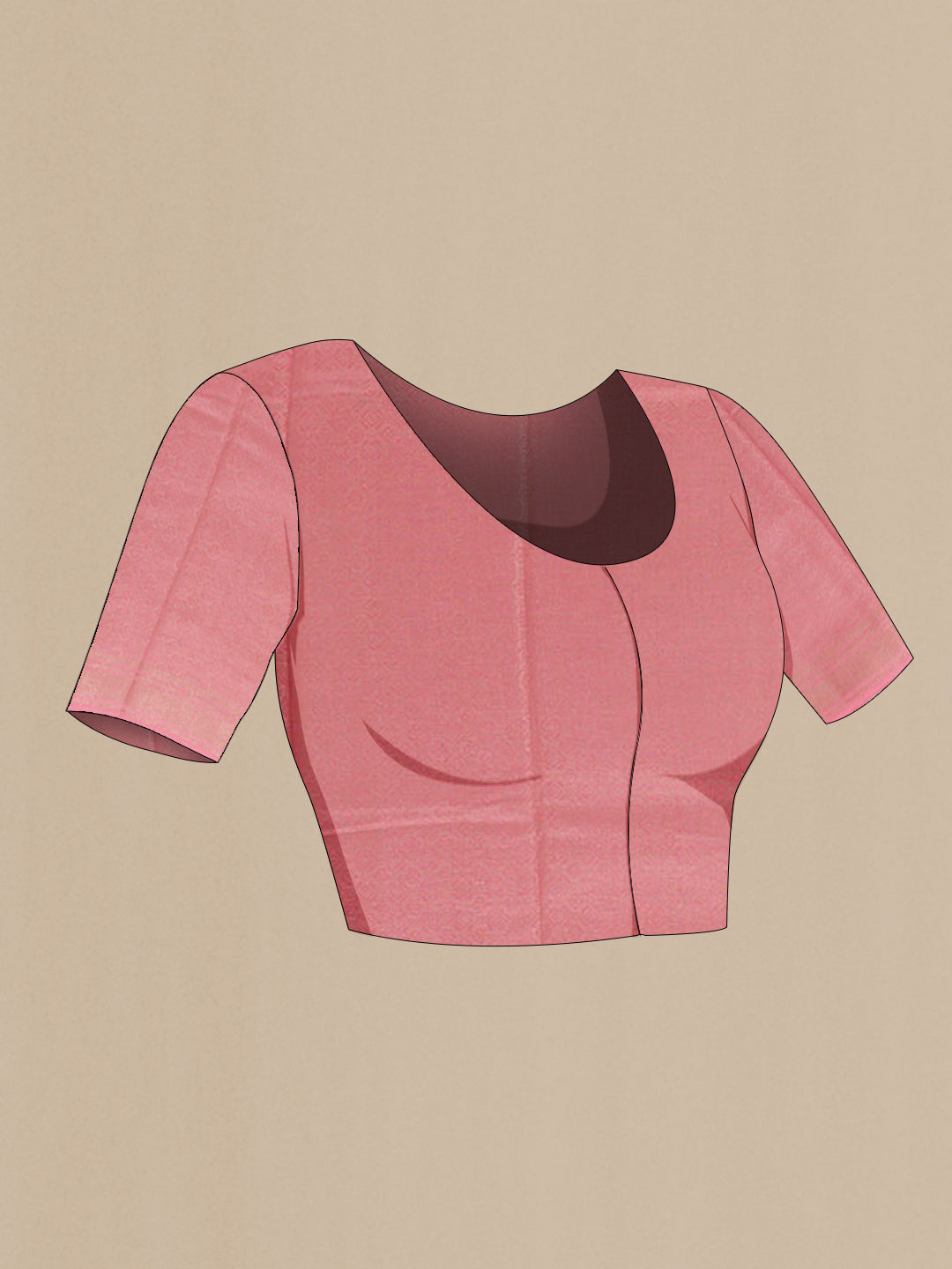Close up image of the blouse of Pink Tussar Silk Saree with Zari Butta on the body and Zari Border. 