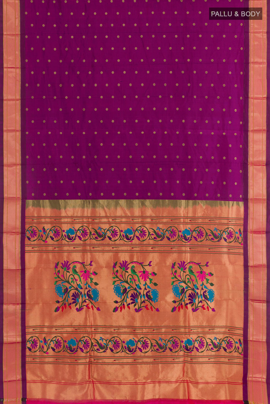 Flat view of Purple Paithani Silk Saree with Zari Butta on the body and Zari Border. 