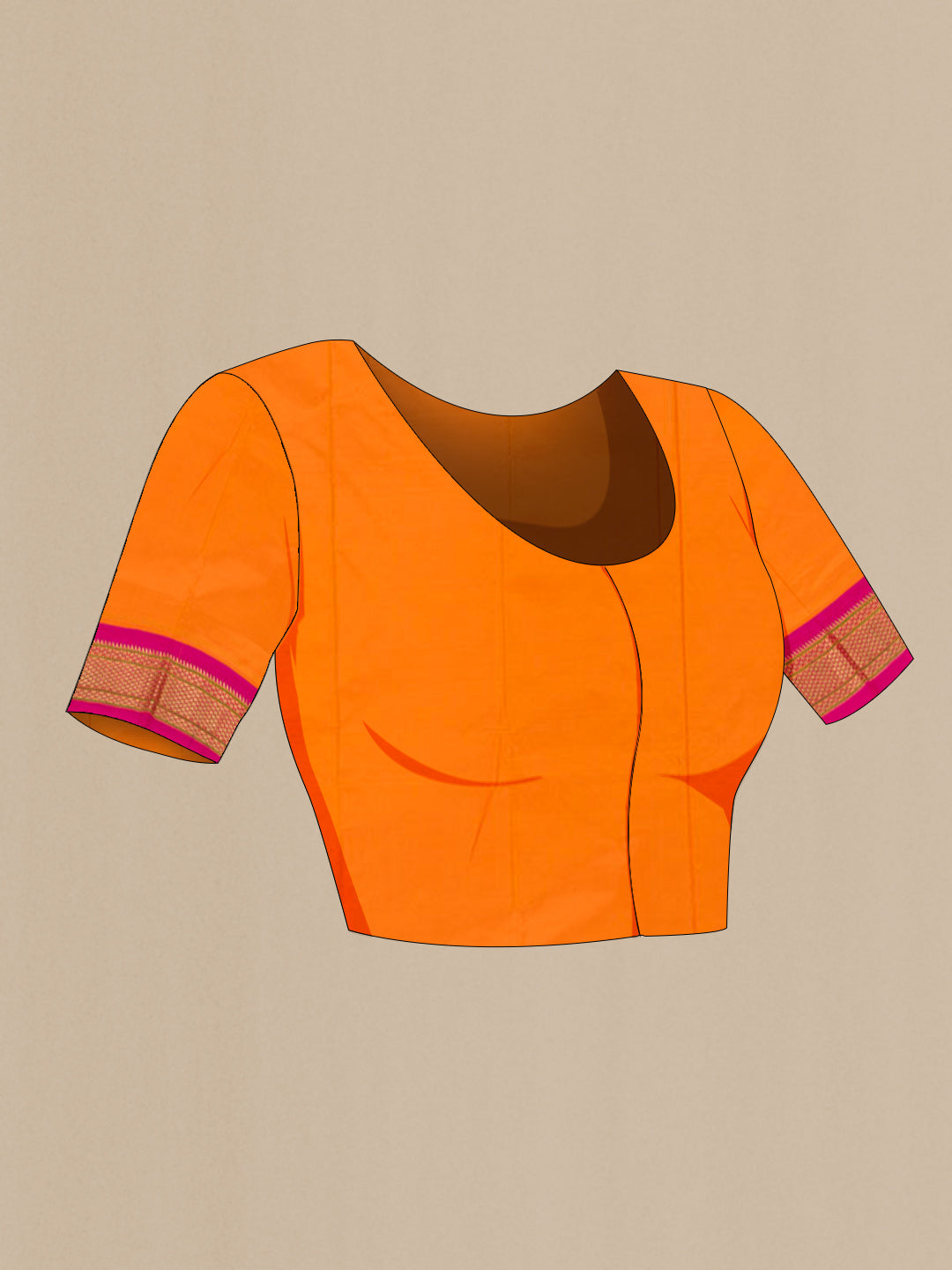 Close up image of the blouse of Orange Gadwal Silk Saree with Zari Butta on the body and Zari Border. 