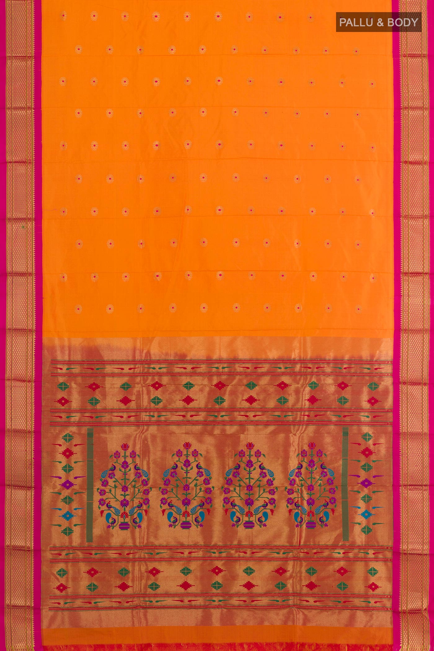 Flat view of Orange Gadwal Silk Saree with Zari Butta on the body and Zari Border. 