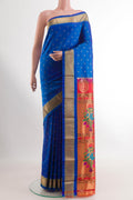 Blue Gadwal Silk Saree with Zari Butta on the body and Zari Border.  displayed on a mannequin