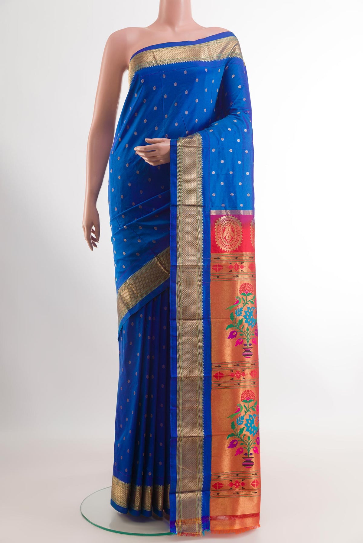 Blue Gadwal Silk Saree with Zari Butta on the body and Zari Border.  displayed on a mannequin