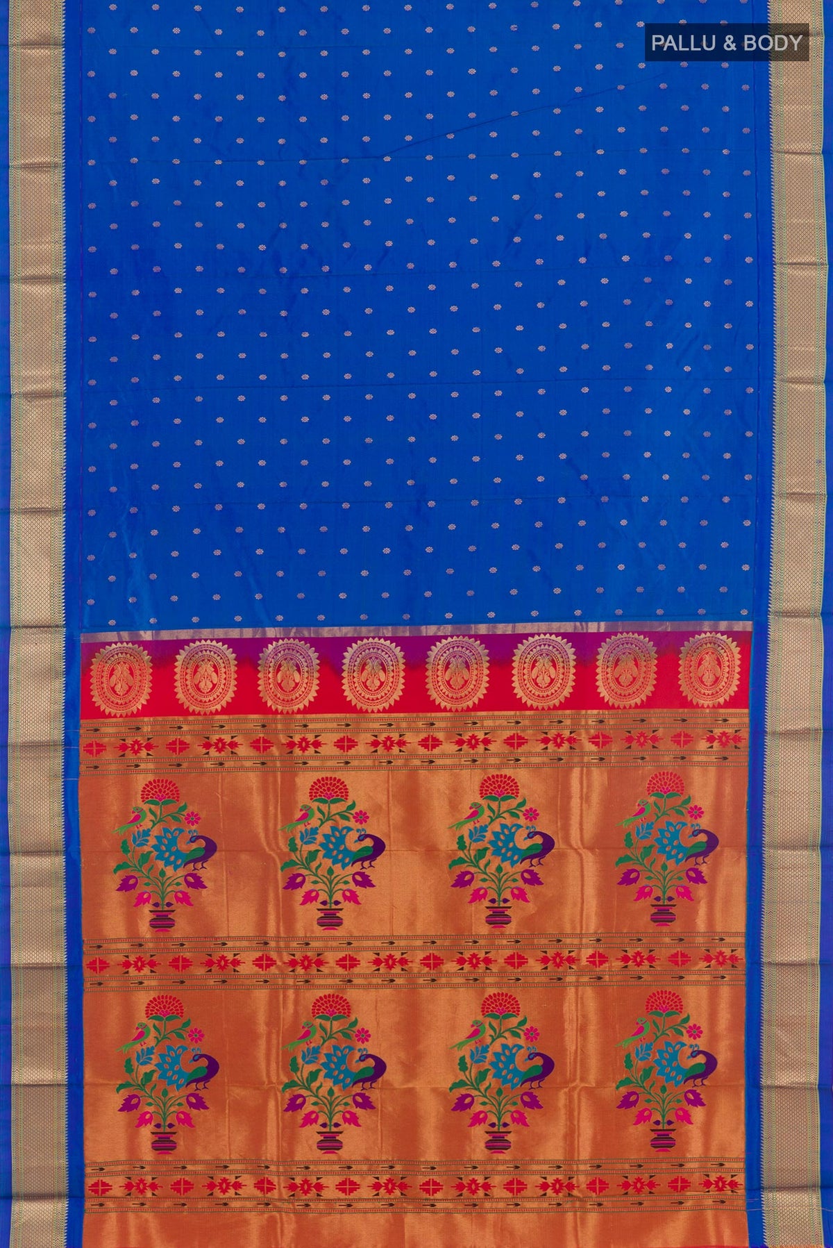 Flat view of Blue Gadwal Silk Saree with Zari Butta on the body and Zari Border. 
