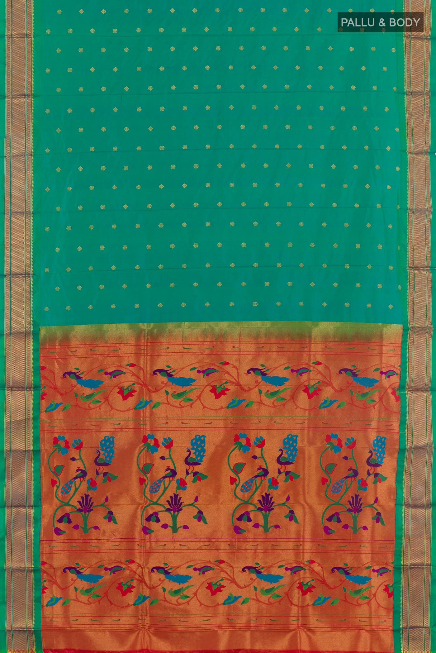 Flat view of Sea Green Gadwal Silk Saree with Zari Butta on the body and Zari Border. 