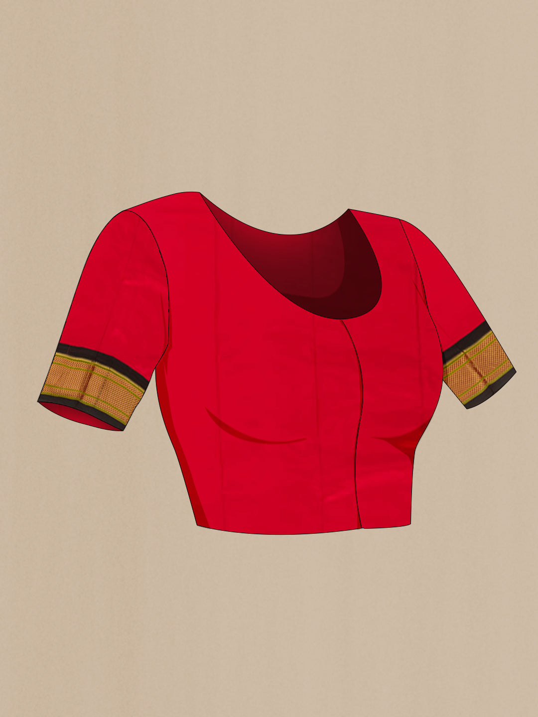 Close up image of the blouse of Red Gadwal Silk Saree with Zari Butta on the body and Zari Border. 