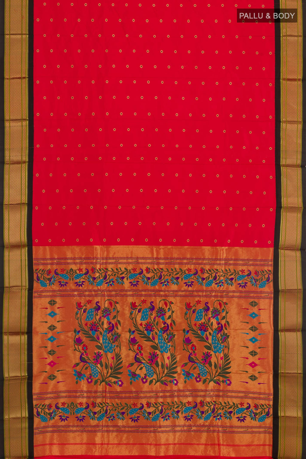 Flat view of Red Gadwal Silk Saree with Zari Butta on the body and Zari Border. 