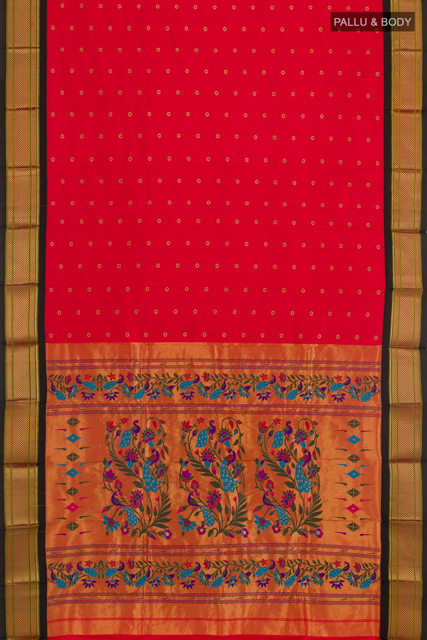 Flat view of Red Gadwal Silk Saree with Zari Butta on the body and Zari Border. 