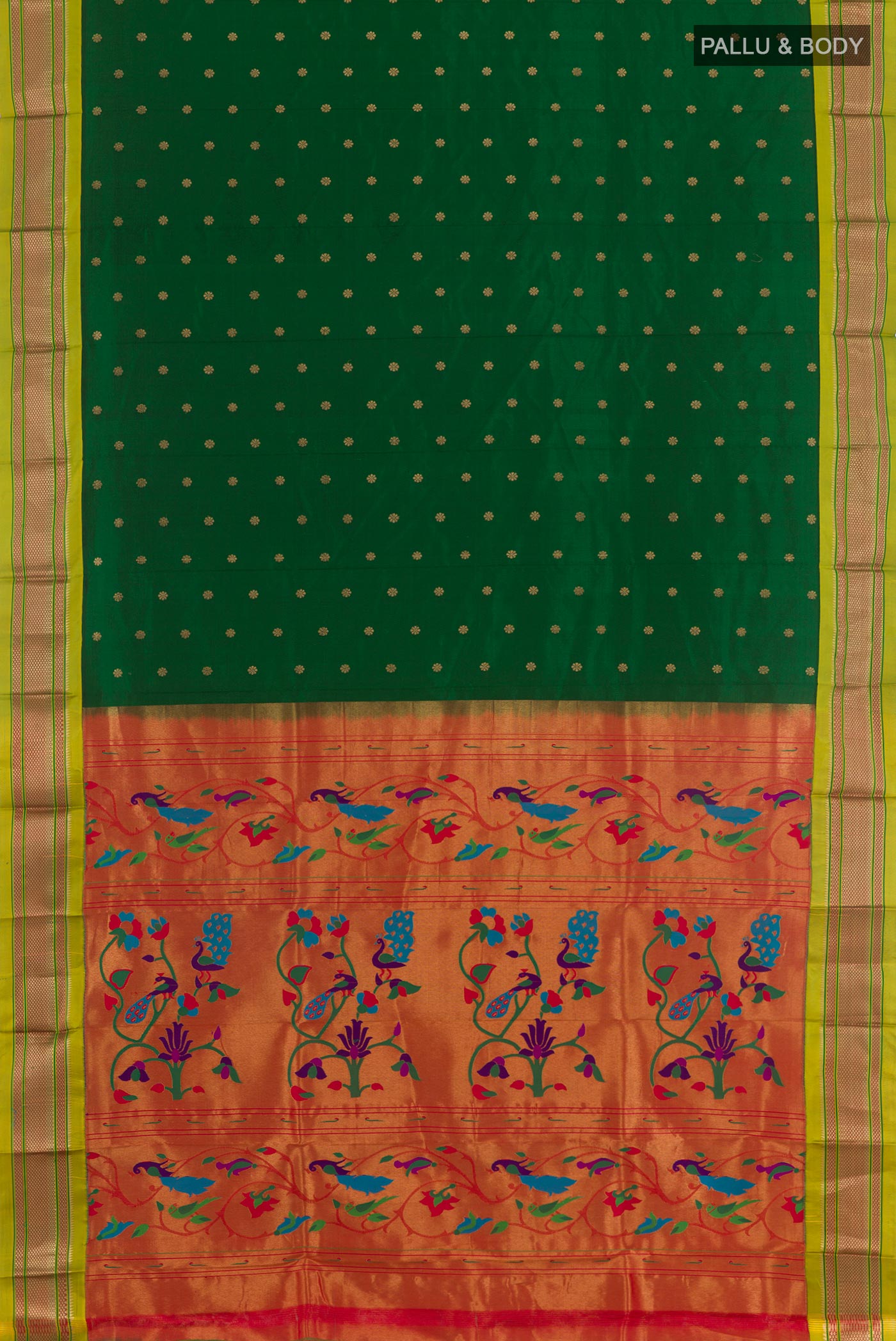 Flat view of Green Gadwal Silk Saree with Zari Butta on the body and Zari Border. 