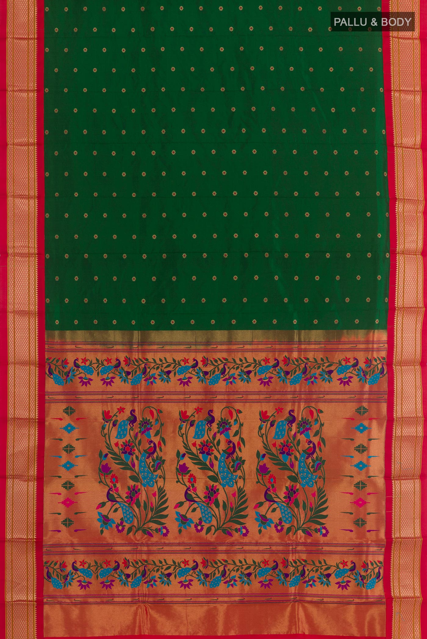 Flat view of Green Gadwal Silk Saree with Zari Butta on the body and Zari Border. 