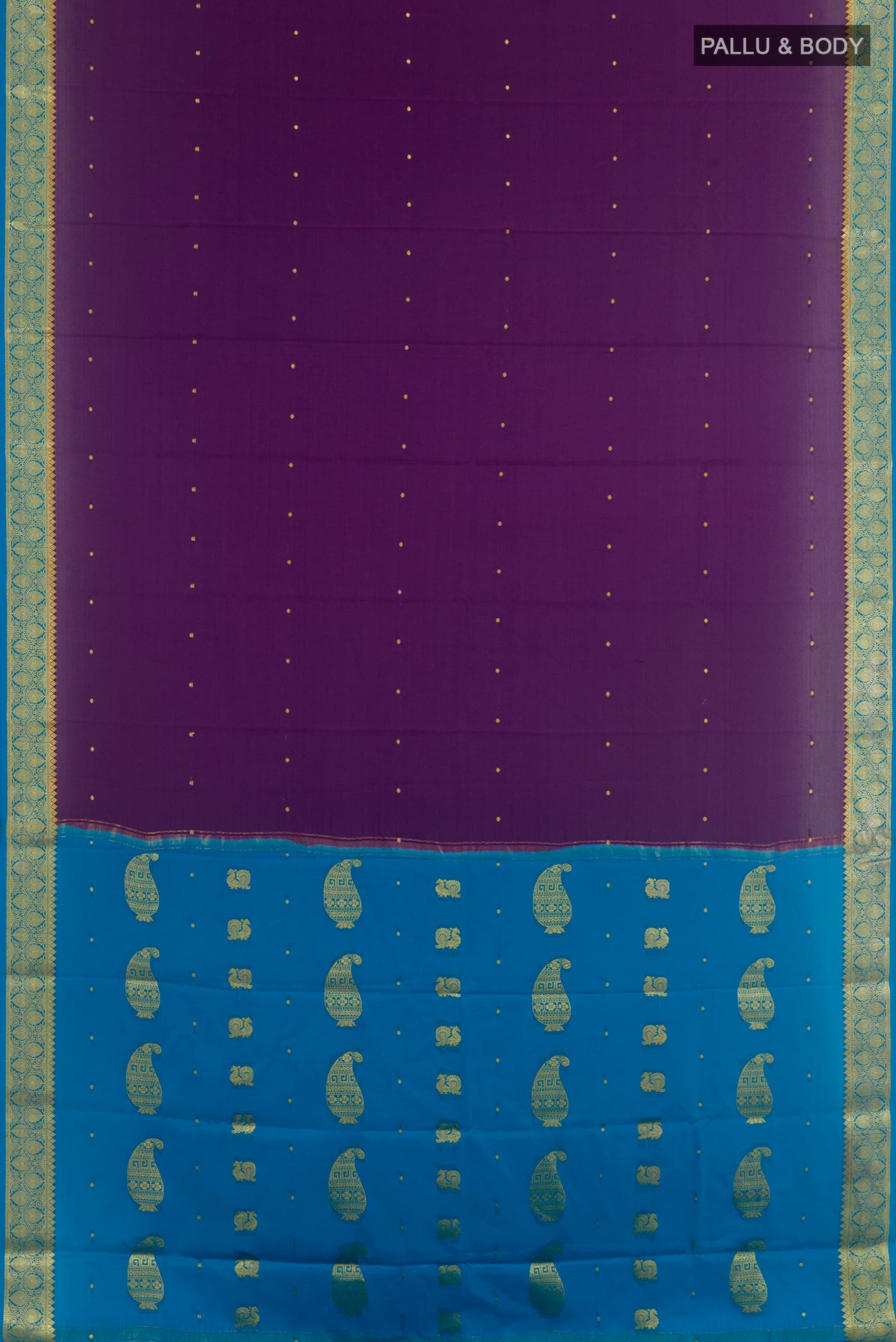 Flat view of Purple Mysore Silk Saree with Zari Butta on the body and Zari Border. 
