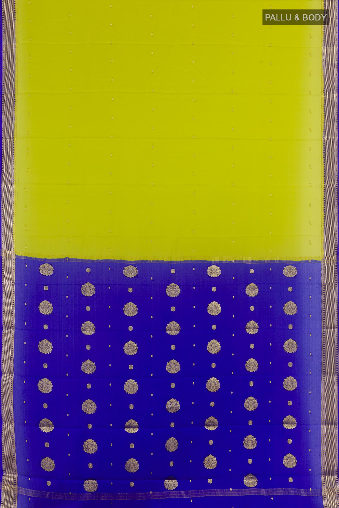 Flat view of Green Mysore Silk Saree with Zari Butta on the body and Zari Border. 