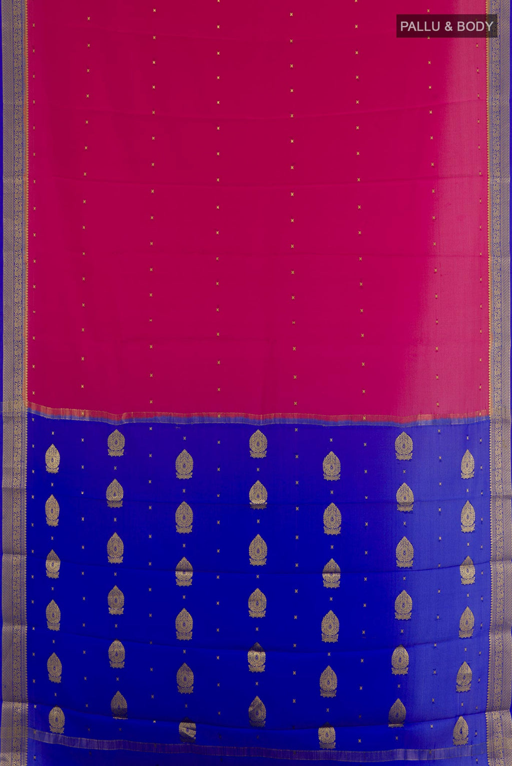 Flat view of Pink Mysore Silk Saree with Zari Butta on the body and Zari Border. 