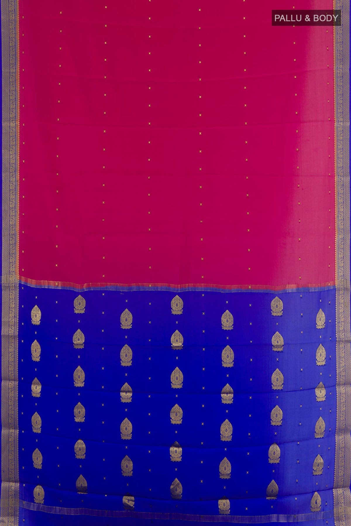 Flat view of Pink Mysore Silk Saree with Zari Butta on the body and Zari Border. 